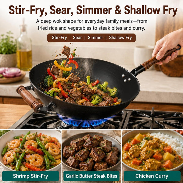 14.2 Inch Cast Iron Wok with Wooden Lid & Handle, Flat Bottom Stir Fry Wok Pan, Turtle-Pattern Textured Uncoated Large Wok Skillet for Induction, Gas & Electric (Seasoning Required) | Uncoated Cast Iron Wok with Wood Lid for Induction, Gas and Electric Stoves; Season before Use.3