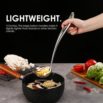 18/10 Stainless Steel Cooking Utensils Set with Holder, 7-Pieces All Metal Kitchen Utensils, 15’’ Kitchen Tools with Countertop Rotating Stand, Spatula, Ladle, Skimmer, Tunner, Pasta, Large Spoon4
