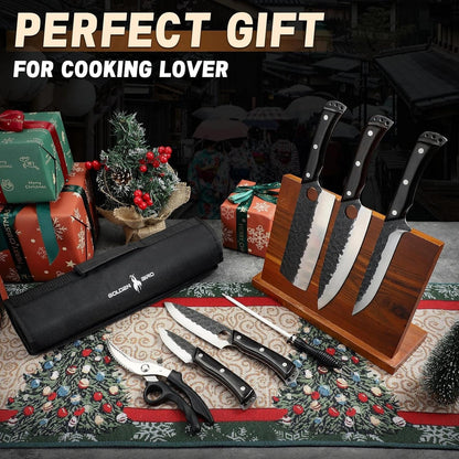 7 PCS Japanese Chef Knife Set with Roll Bag, Gifts for Men | Hand Forged Butcher Knife Set with Sharpening Rod and Poultry Shears for BBQ Camping Kitchen, Gifts for Men Women4