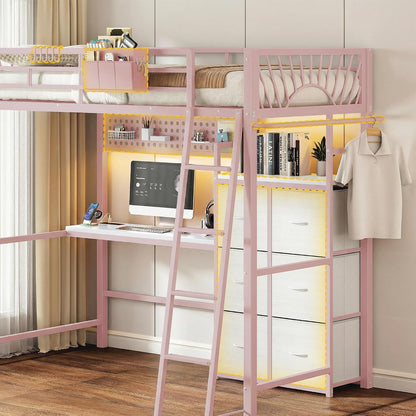 Twin Loft Bed with Desk and 6 Storage Drawers, Charging Station & LED, Pink6