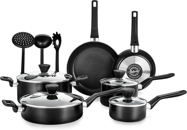 kitchen 13-Piece Nonstick Kitchen Cookware Set -PTFE/PFOA/PFOS Free Heat Resistant Kitchen Ware Pots Pan Set W/ Saucepan,Frying Pans,Cooking Pots,Casserole,Lids,Ladle,Fork,Strainer-Nccwa13.51
