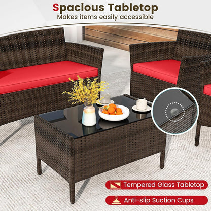 4 Pieces Patio Furniture Set Outdoor Rattan Conversation Set, Wicker Loveseat & Chairs with Tempered Glass Coffee Table, Sectional Sofa Set for Backyard Garden Poolside6