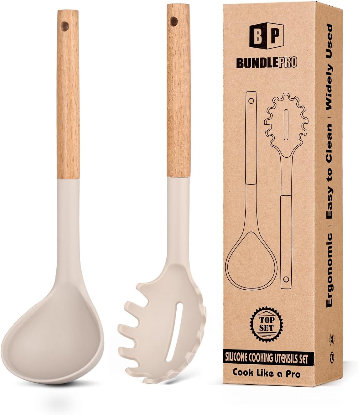 silicone-pasta-fork-and-ladle-spoon-set-with-wooden-handle-heat-resistant-non-stick-kitchen-utensils-for-cooking-stirring-serving-spaghetti-soup-saucekhaki