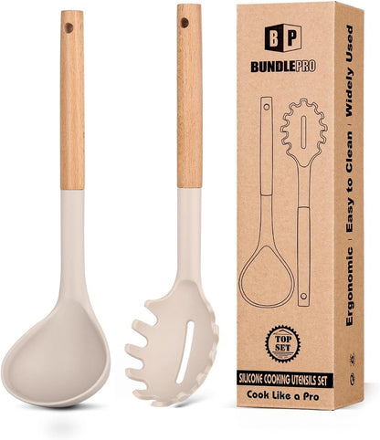 Silicone Pasta Fork and Ladle Spoon Set with Wooden Handle, Heat Resistant Non Stick Kitchen Utensils for Cooking, Stirring, Serving Spaghetti, Soup, Sauce(Khaki)1