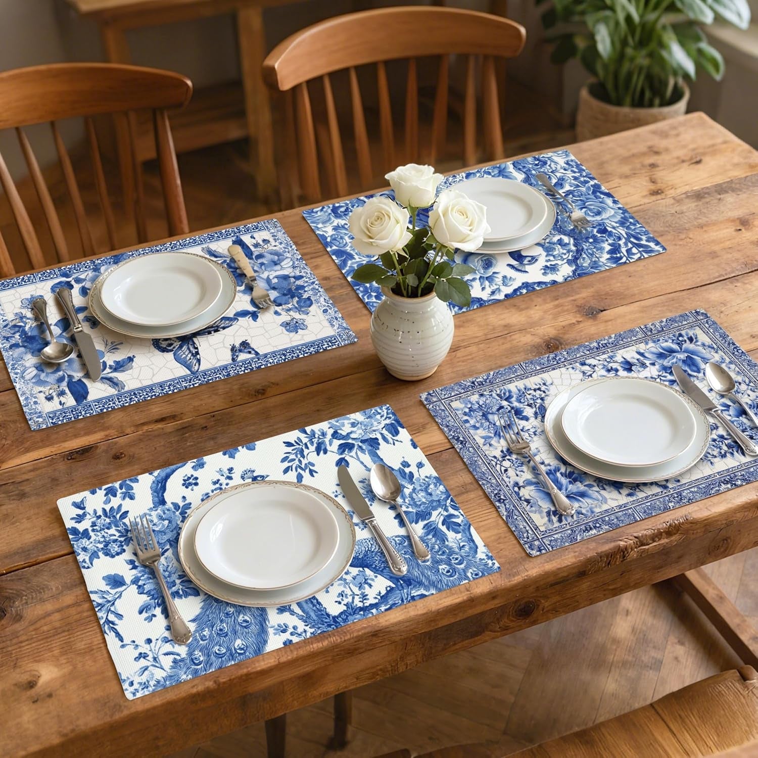 blue-and-white-porcelain-peacock-table-placemats-set-of-4-place-mats-linen-wipeable-placemats-waterproof-rectangle-table-mat-for-kitchen-dining-dinner-18-x-12-inch