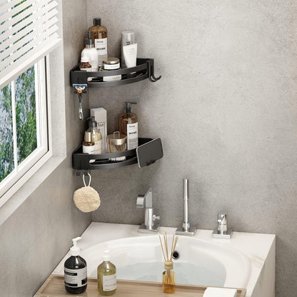 Corner Shower Caddy with Razor Holder Adhesive Shower Shelf Corner No Drilling Bathroom Corner Shower Organizer Storage Rack (2-Pack, Black)5
