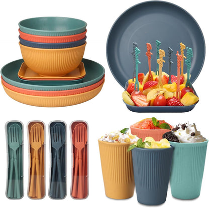 48 Pcs Dinnerware Sets, Unbreakable Plates and Bowls Sets, Reusable Dinnerware Sets for 4 People, Travel Camping Picnic Home Party Cutlery Set, Dishwasher Microwave Safe Dishes4
