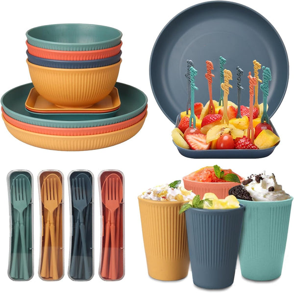 48 Pcs Dinnerware Sets, Unbreakable Plates and Bowls Sets, Reusable Dinnerware Sets for 4 People, Travel Camping Picnic Home Party Cutlery Set, Dishwasher Microwave Safe Dishes4