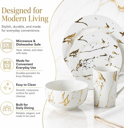 White Dinnerware Set for 4, 16-Piece Porcelain, Gold Marble5