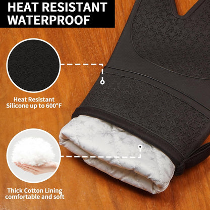 Silicone Oven Mitts, Heat Resistant 500F Kitchen Mitts 2PCS, 11.6" Bpa-Free Soft Baking Gloves, Non-Slip Grip Oven Gloves with Soft Cotton Lining for Kitchen Cooking Baking BBQ - Black3
