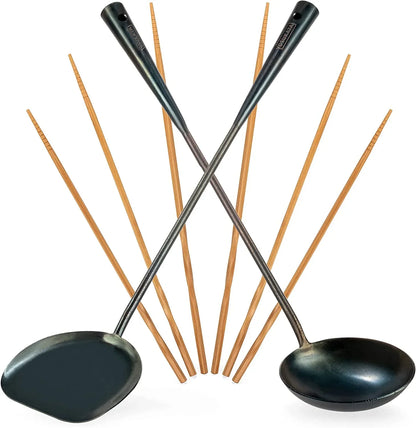 17" Blue Carbon Steel Wok Spatula and Ladle, 3 Pairs Chopsticks | Durable Wok Utensils Set of 5 - Traditional Asian Cooking Tools and Accessories1