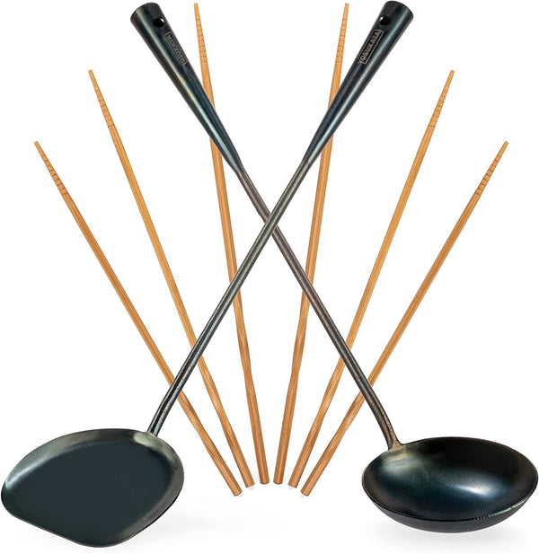 17" Blue Carbon Steel Wok Spatula and Ladle, 3 Pairs Chopsticks | Durable Wok Utensils Set of 5 - Traditional Asian Cooking Tools and Accessories1