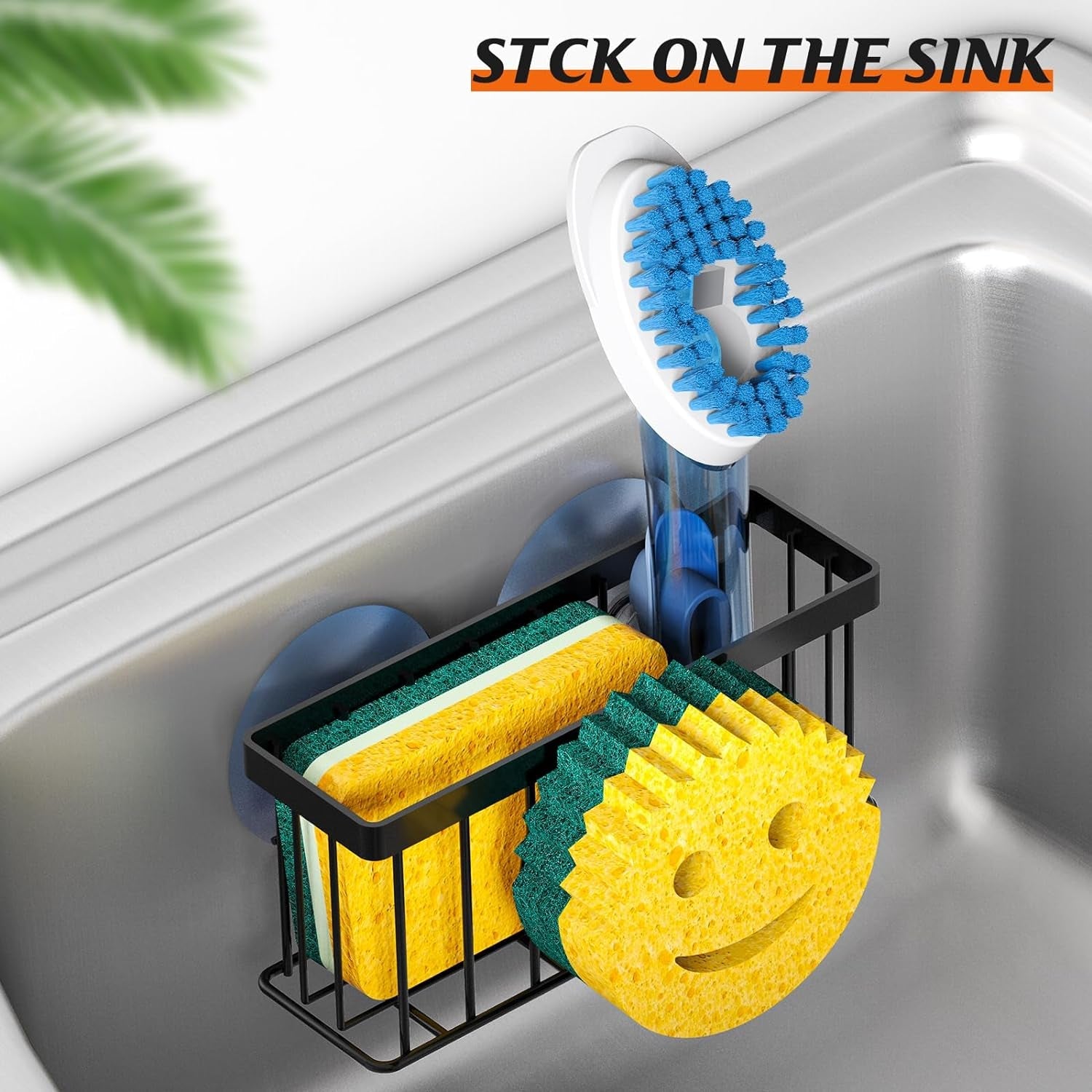 sponge-holder-smiley-face-sink-organizer-with-2-suction-cups-1-adhesive-strips-designed-for-sponge-soap-dish-brush-scrubber-black