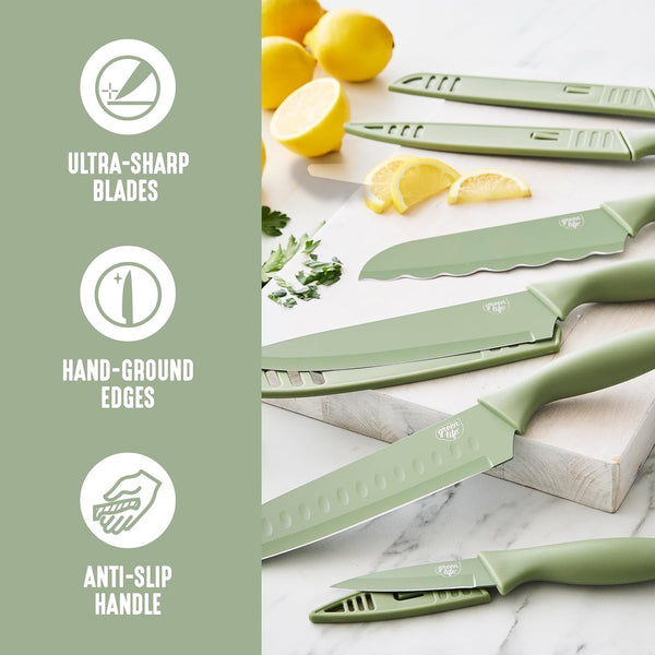 6 Piece High Carbon Stainless Steel Knife Set, Sage Green | Paring, Sandwich, Santoku, Bread, Slicing, Chef’S Knife, Rust-Resistant, Ergonomic Handles, Razor Sharp, Camping-Ready3