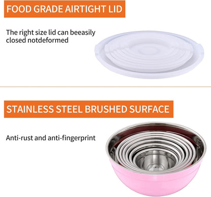 Pink Mixing Bowls with Airtight Lids,Stainless Steel Bowl,Salad Bowls 7 Piece Colorful Nesting Bowl Pink Kitchen Accessories,Size 7,3.6,2.7,2.1,1.5,1.1,0.8QT Stackable Design4