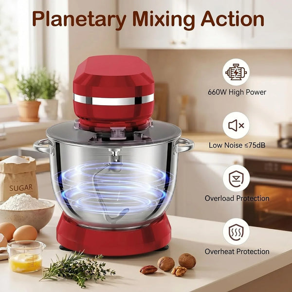 6In1 Stand Mixer with 6.5 Quart Bowl, 660W 10+P Speeds Kitchen Food Mixer Tilt-Head Bread Dough and Cake Mixers for Home Daily Use (Red)3