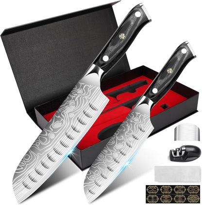 Kitchen Knife Set, 5.5In+7In Santoku Knives, High-Carbon German EN1.4116 Stainless Steel, Sharp Cooking Knives, Kitchen Knifes and Knife Sharpener, Finger Protection Gift Box1