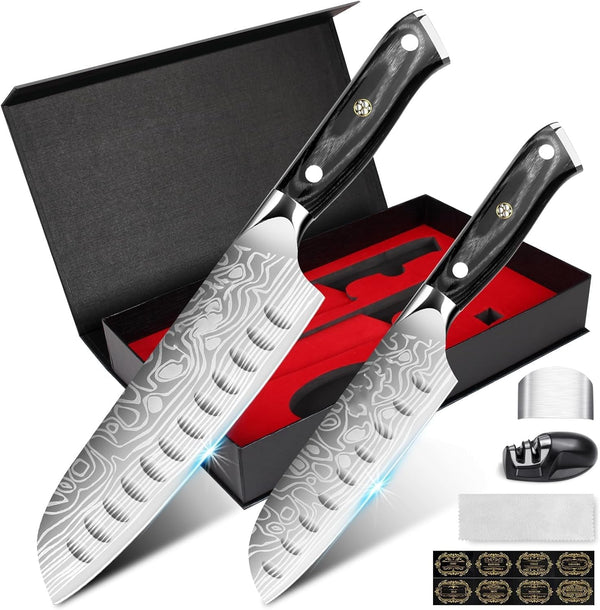 Kitchen Knife Set, 5.5In+7In Santoku Knives, High-Carbon German EN1.4116 Stainless Steel, Sharp Cooking Knives, Kitchen Knifes and Knife Sharpener, Finger Protection Gift Box1