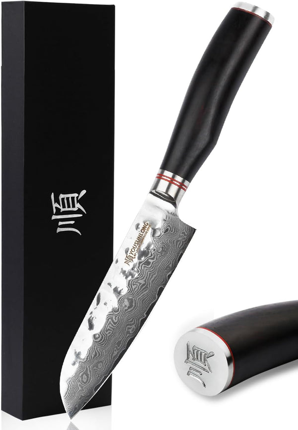 Santoku Knife 5 Inch Cutlery Knives Japanese 67 Layers Hammered Damascus Steel with Natural Leadwood1