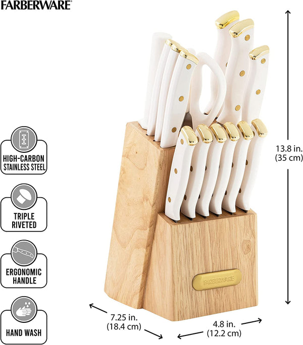 15-Piece Knife Block Set, Triple-Riveted High-Carbon Stainless Steel Kitchen Knives, Razor Sharp Blades, Wood Storage Block, White/Gold3
