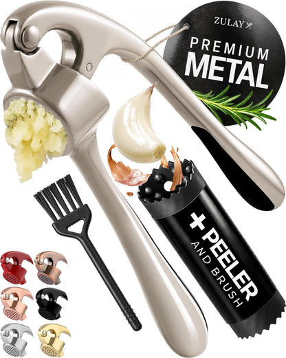 Premium Garlic Press Set - Rust Proof Professional Garlic Mincer Tool - Easy-Squeeze, Easy-Clean with Soft, Ergonomic Handle - Silicone Garlic Peeler & Brush (Silver)1
