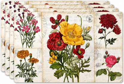 Vinyl Rectangular Placemats Set of 4 - Non Slip Place Mats Ideal for Indoor and Outdoor Dining Table - Washable and Heat Resistant Fall Placemats for Kitchen Tables (Flowers)1