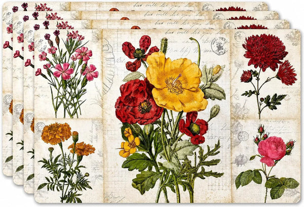 Vinyl Rectangular Placemats Set of 4 - Non Slip Place Mats Ideal for Indoor and Outdoor Dining Table - Washable and Heat Resistant Fall Placemats for Kitchen Tables (Flowers)1