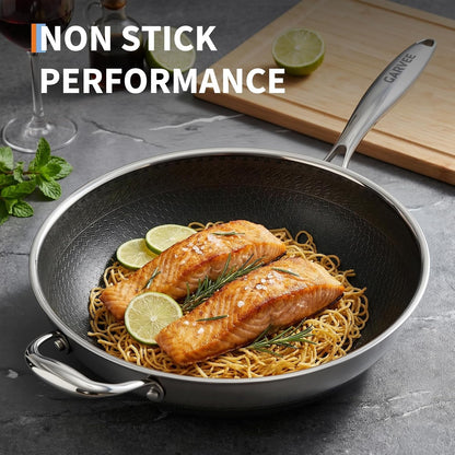 13 Inch Wok Pan,Pfoa Free Cookware,Non Stick Stainless Steel Woks & Stir-Fry Pans Nonstick, Dishwasher and Oven Safe, Works on Induction | Multi Layer Composite Steel Structure, Durable and Uniformly Heated, Dishwasher Safe3