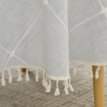 Lattice Embroidery Plaid round Tablecloth with Tassel, round 70 Inch, Grey7