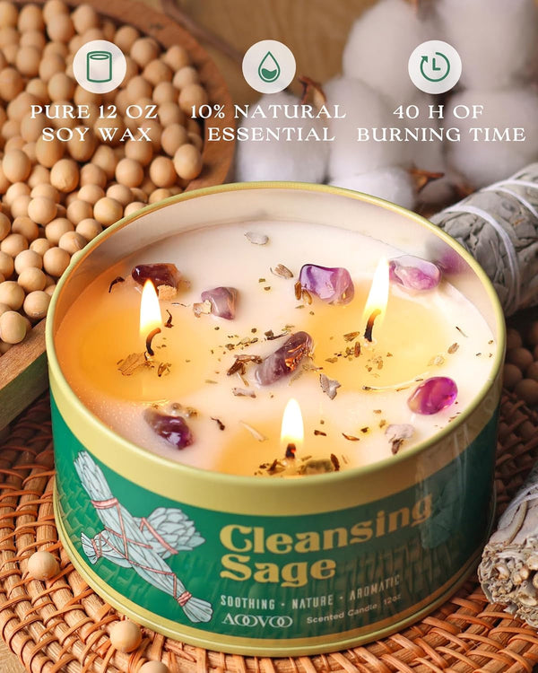 Sage Candle for Cleansing - 3 Wick 12Oz Large Scented Candle with Crystals & Sage Leaves Inside, Soy Candles Non Toxic for Meditation Spiritual Gift, Aromatherapy Candle for Women Men3
