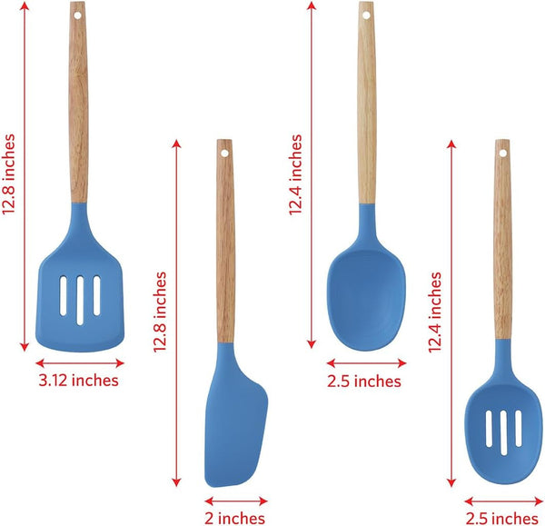 Silicone Kitchen Utensils Set, 8Pcs - Nonstick Cooking Tools with Wooden Handles and Utensil Holder - Spatula Set with Turner, Ladle, Spoons, Tongs, and Spaghetti Server - Blue4