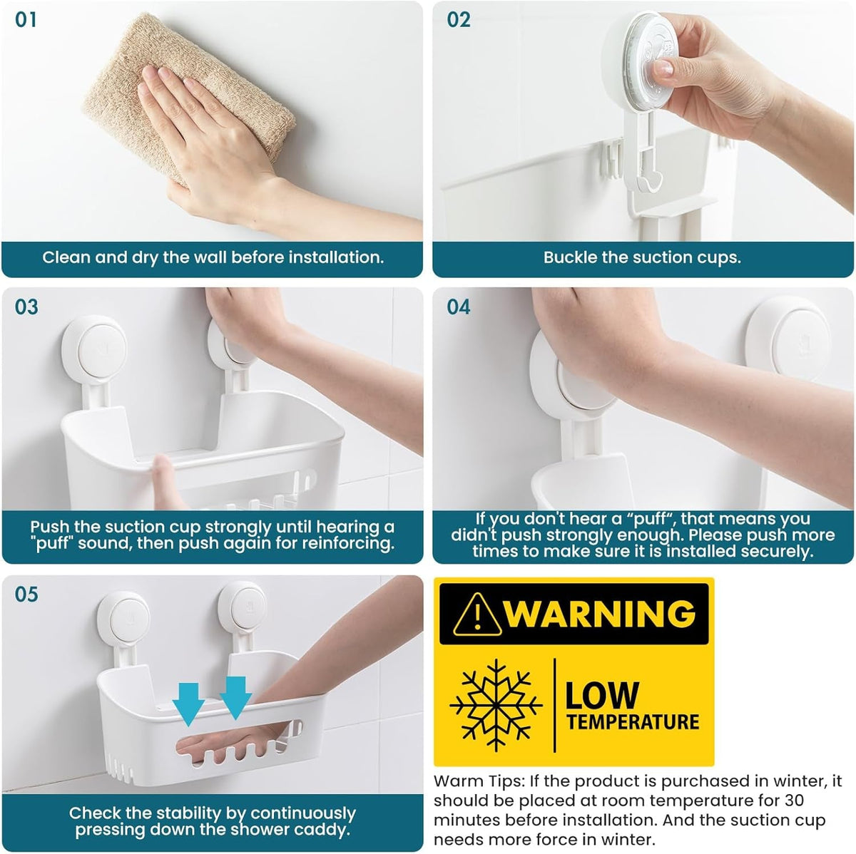 shower-caddy-suction-cup-2-pack-heavy-duty-bathroom-organizer-removable-shelves-for-inside-shower-shampoo-waterproof-suction-plastic-storage-for-bathroom-accessories-holder-white
