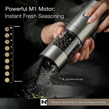 Electric Salt and Pepper Grinder Set USB-C Rechargeable, Dual-Speed Automatic Salt and Pepper Mills with 9 Adjustable Coarseness, Ceramic Burr, LED Light, Refillable, (Stainless Steel)4