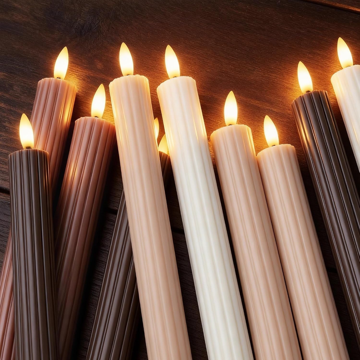 mocha-brown-coordinated-chocolatey-4-pack-10-real-wax-led-flameless-fluted-ribbed-grooved-taper-candles-remote-timer-memory-on-off-button-dimmable-battery-operated-menorah-wedding