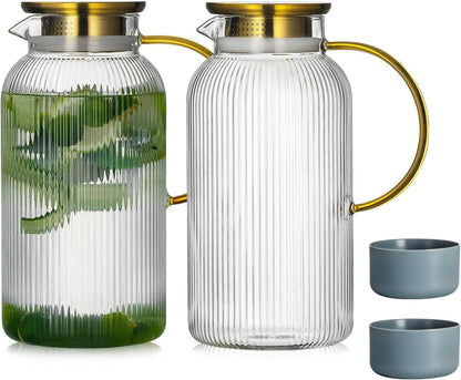 2 PACK Glass Pitcher with Lid, 68 Oz Glass Carafe with Silicone Base | 2L Classic Vertical Stripes Glass Water Jug with Handle,Glass Water Carafe for Cold Brew,Milk, Iced Sun Tea,Beverage,Cold/Hot1