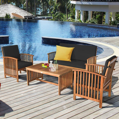 Outdoor 4 PCS Acacia Wood Sofa Set W/Water Resistant Cushions, Padded Patio Seating Chat Set W/Coffee Table for Garden, Backyard, Poolside (1, Black)4