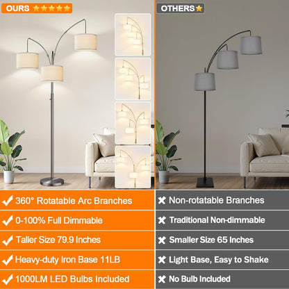 Dimmable Floor Lamp, 3 Lights Sliver Arc Floor Lamp, Modern Tall Standing Tree Lamp with White Linen Shades & Heavy Base, 3000LM LED Bulbs, Bright Lighting for Living Room, Bedroom, Office & Reading2