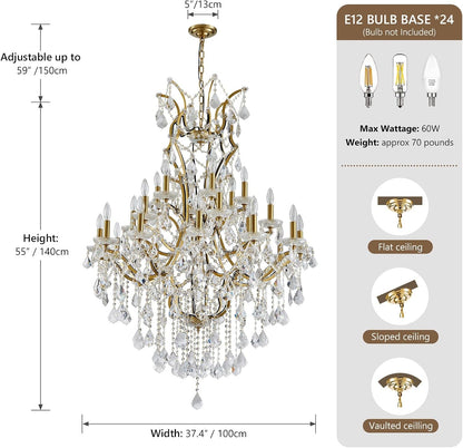 24 Lights Large Crystal Chandeliers for High Ceilings Brass Maria Theresa Chandelier Modern Chandelier Light Fixture for Foyer Living Room Hallway Entryway Staircase 55.1" H X 39.4" D3