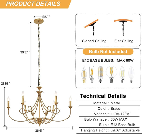 6-Light Modern Chandelier 36.6" Brass Candle Chandeliers Metal Gold Pendant Light Fixture for Dining Room Living Room Kitchen Island Foyer Entryway, E12 Base3