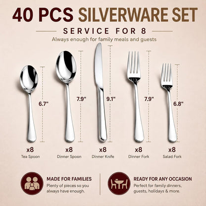 40 Pack Silverware Set for 8, Food-Grade Stainless Steel Flatware Set, Heavy Duty Mirror Polished Cutlery Utensils Set with Knives Spoons and Forks Set for Home Kitchen Restaurant Wedding5