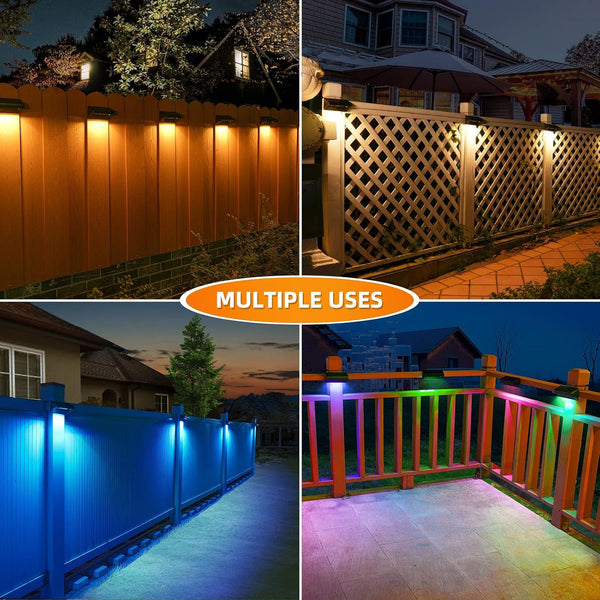 Solar Fence Lights 8 Pack-Plus,100 Lumen Big Outdoor Solar Light IP65 Waterproof, Warm White and 10 RGB Modes,Fence Lights Otdoor Solar Lighting for Backyard,Garden,Fence,Wall,Deck,Stairs.6