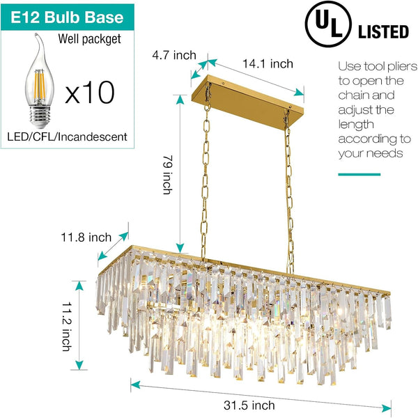 31.5" Modern Rectangle Crystal Chandelier, Gold Linear Pendant Light with Clear Crystal Prisms, Luxury Island Lighting Fixture for Dining Room Kitchen Table Living Room3