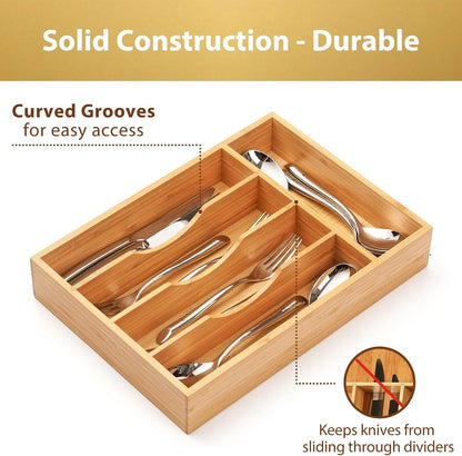 Bamboo Kitchen Drawer Organizer, 9 Inch Silverware Utensils Tray Holder for Small Drawer, Wood Caddy for Flatware Cutlery Knives3