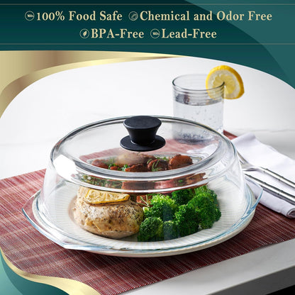 Tall Glass Microwave Splatter Cover - Cool Touch Easy Grip Handle | Durable Borosilicate Glass, Plastic Free, Lead & BPA Free, Dishwasher Safe, Dual Steam Vents, Clear Food Plate Guard Lid2