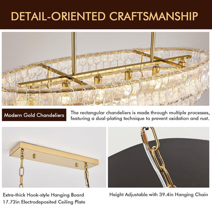 39In Large Chandelier Gold, Modern Dining Room Light Fixtures, 3 Layer Luxury Glass Chandelier 6 Light Rectangular Chandeliers for Dining Room Kitchen Island Living Room (Clear Glass)8