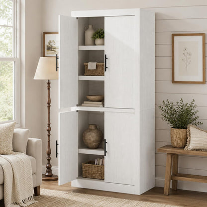 70.4" Farmhouse Kitchen Pantry Cabinet with Doors and Adjustable Shelves, Avoids Dust, Tall Freestanding Storage Cabinet for Kitchen, Microwave Stand & Dining Room Organization, Rustic White1
