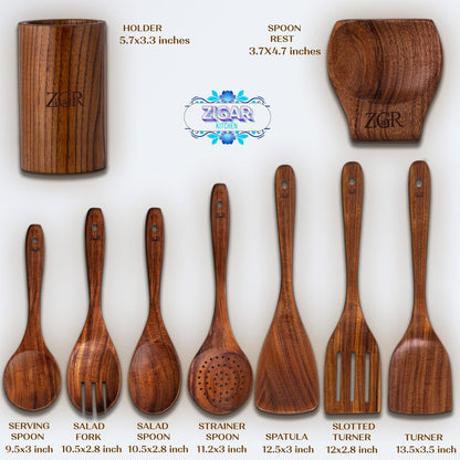 Wooden Spoons for Cooking - 9 Pieces Natural Teak Wood Kitchen Utensils Set with Utensil Holder & Spoon Rest - Durable Heat Resistant, Safe, Smooth Curved Grip - Non-Scratch & Non-Stick Spatula7