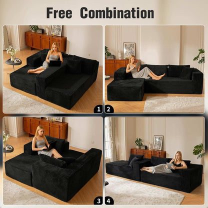 110” No Assembly Compression Boneless in a Box Cloud Sectional Couches for Living Room L-Shape Couch Sleeper Sofa, Modern Modular Corduroy Reclining Comfy Fluffy Memory Foam Furniture for Home Black7