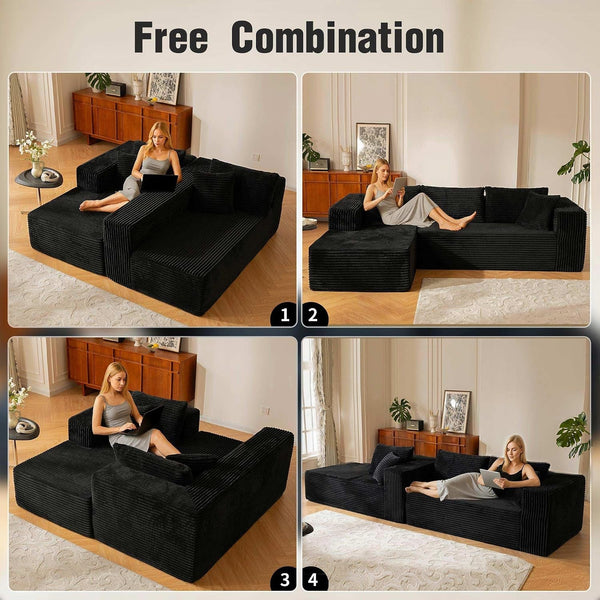110” No Assembly Compression Boneless in a Box Cloud Sectional Couches for Living Room L-Shape Couch Sleeper Sofa, Modern Modular Corduroy Reclining Comfy Fluffy Memory Foam Furniture for Home Black7