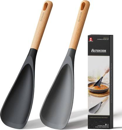 Cooking Spoon, 2 Pack, Nonstick Safe Silicone Spatula | Long Wooden Handles, Heat Resistant, Bpa-Free, Built-In Spoon Rest, Spatula Spoon for Stirring, Scooping, Scraping & Serving1